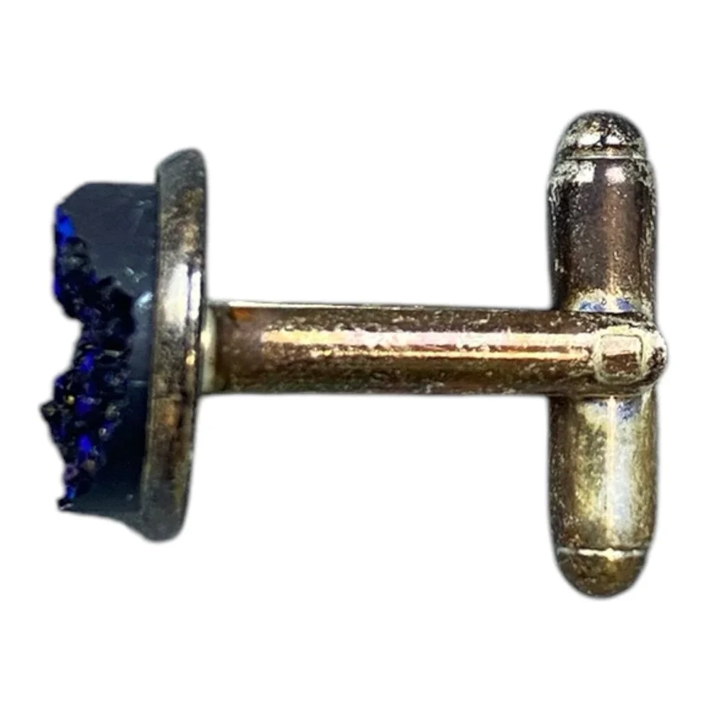 Silver Tone Metallic Blue Faux Crystal Shimmer Cufflinks Lightweight‎ Round